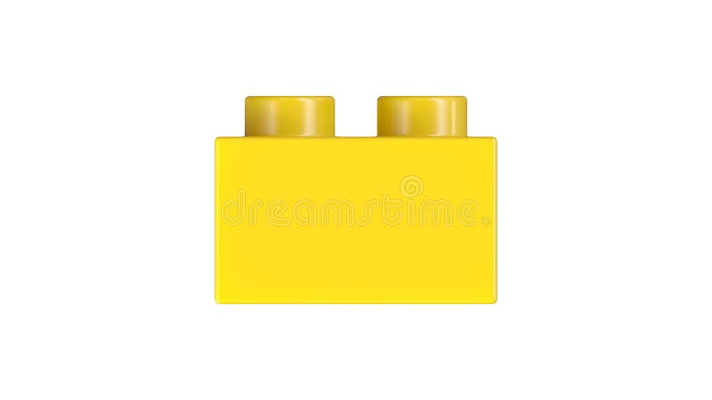 Vista de cierre de un bloque de lego de plástico amarillo aislado en un fondo blanco. stock de ilustración
