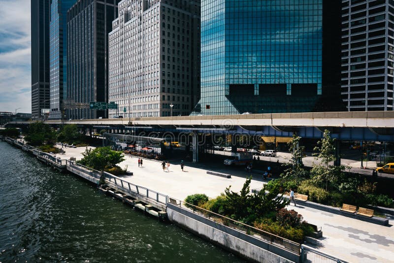 View of buildings in the Financial District from Pier 15, at South Street Seaport in Manhattan, New York. View of buildings in the Financial District from Pier 15, at South Street Seaport in Manhattan, New York