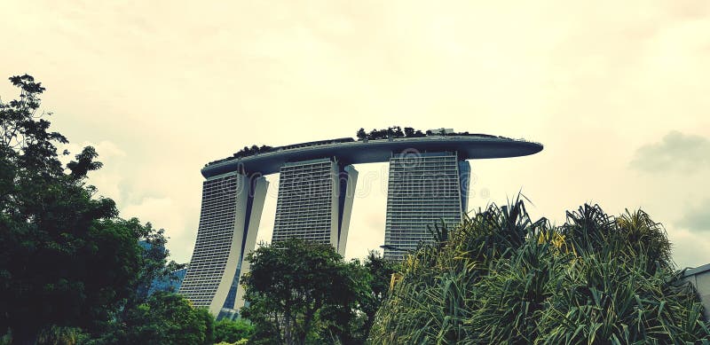 Vista de la línea del cielo de Singapur en el hotel Marina bay con árbol verde para el fondo del cielo en primer plano y nubes imagen de archivo Vista de la línea del cielo de Singapur en el hotel Marina bay con árbol verde para el fondo del cielo en primer plano y nubes imagen de archivo