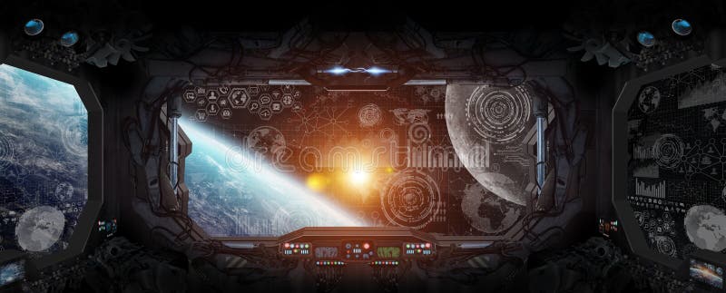 Vista de la tierra del planeta por dentro de una estación espacial stock de ilustración Vista de la tierra del planeta por dentro de una estación espacial stock de ilustración