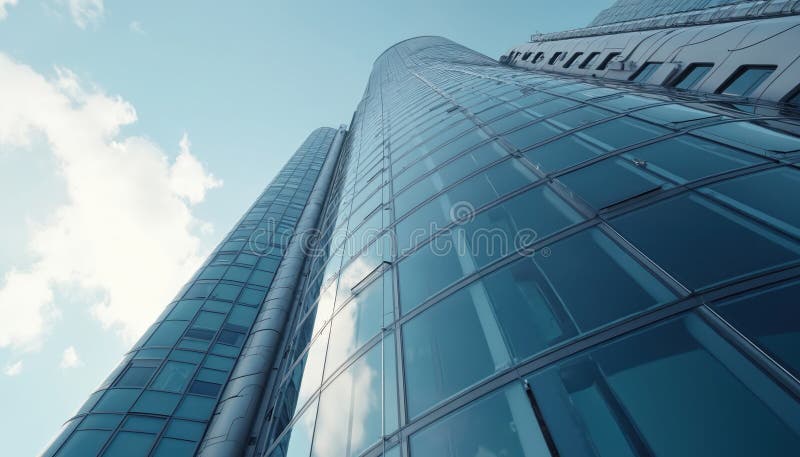 Vista de ángulo bajo del rascacielos de arquitectura futurista de vidrio curvo. Edificio de oficinas exterior con ventanas de vidr libre illustration