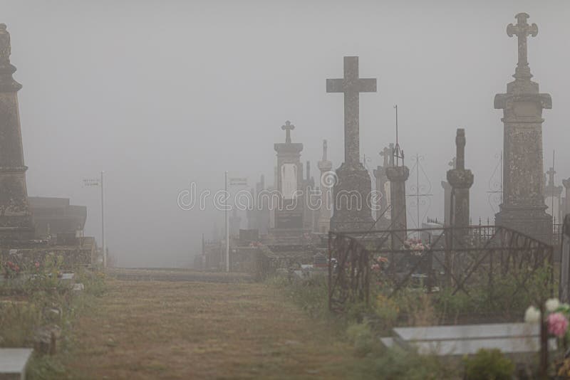 The view of the misty graveyard. Lowyat cemetery, city of Limoges, France. The view of the misty graveyard. Lowyat cemetery, city of Limoges, France