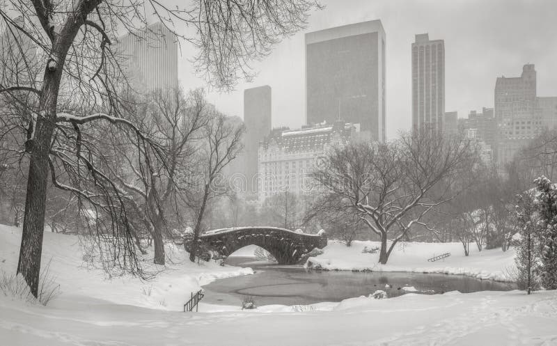 Vista del durin dei grattacieli dello stagno, del ponte di Gapstow e di Manhattan immagine stock Vista del durin dei grattacieli dello stagno, del ponte di Gapstow e di Manhattan immagine stock