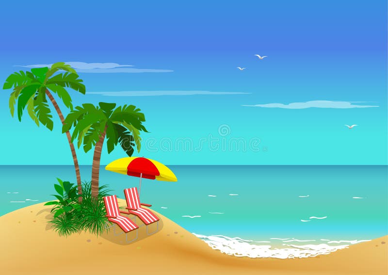 Vista del mare Le palme e le chaise-lounge del sole sulla sabbia costeggiano illustrazione di stock Vista del mare Le palme e le chaise-lounge del sole sulla sabbia costeggiano illustrazione di stock