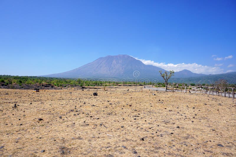 Vista del monte Agung con un cielo azul claro brillante y fondo de hierba marrón seca. Savanna Tianyar Karangasem Bali foto de archivo