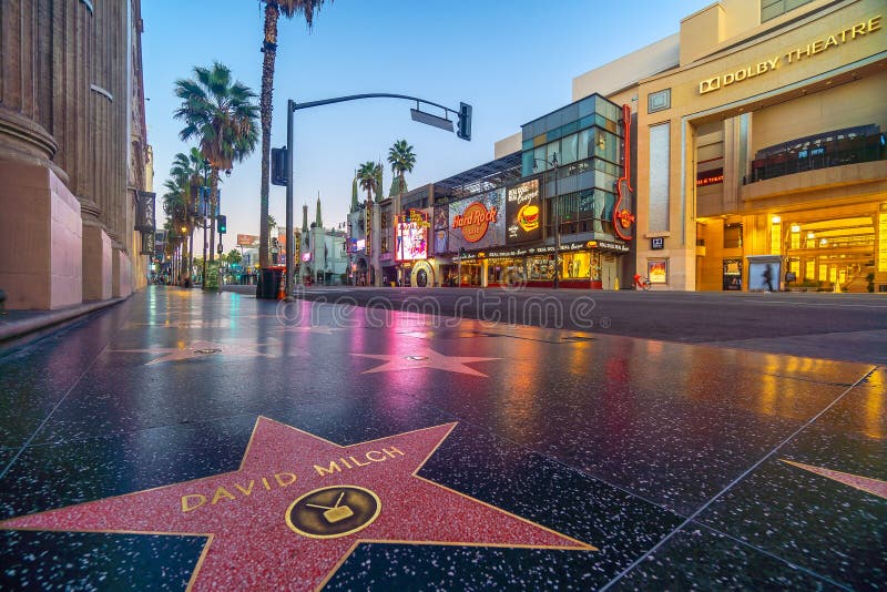 View of world famous Hollywood Walk of Fame at Hollywood Boulevard district in Los Angeles, California, USA at twilight. View of world famous Hollywood Walk of Fame at Hollywood Boulevard district in Los Angeles, California, USA at twilight