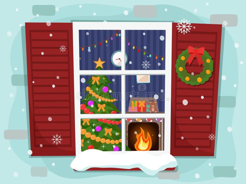 Vista del salone accogliente di Natale con un albero e un camino illustrazione vettoriale Vista del salone accogliente di Natale con un albero e un camino illustrazione vettoriale