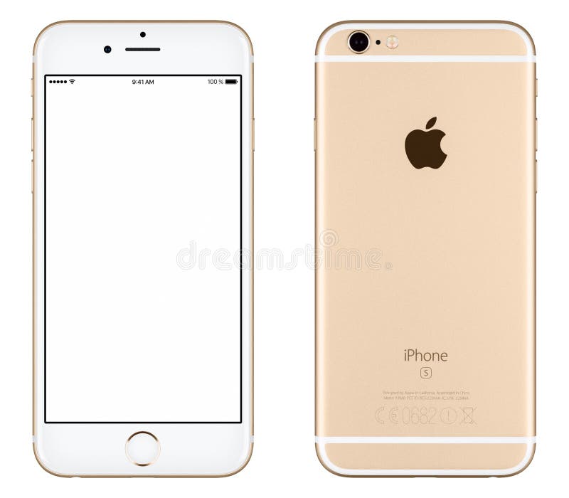 Vista delantera de la maqueta del iPhone 6s de Apple del oro y lado trasero fotografía de archivo Vista delantera de la maqueta del iPhone 6s de Apple del oro y lado trasero fotografía de archivo