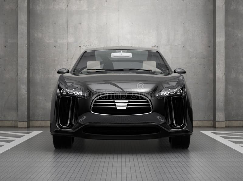 Vista delantera de SUV eléctrico negro en parking ilustración del vector Vista delantera de SUV eléctrico negro en parking ilustración del vector