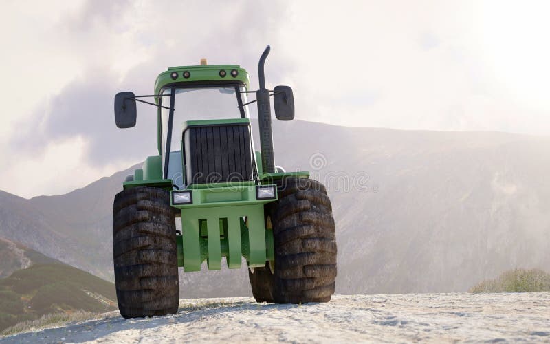 Front view of a large heavy duty tractor parked on a mountain top with mist and distant peaks behind , with copy space. Front view of a large heavy duty tractor parked on a mountain top with mist and distant peaks behind , with copy space