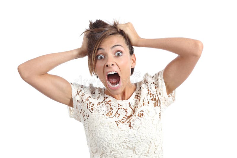 Front view of a scared woman screaming with hands on head isolated on a white background. Front view of a scared woman screaming with hands on head isolated on a white background