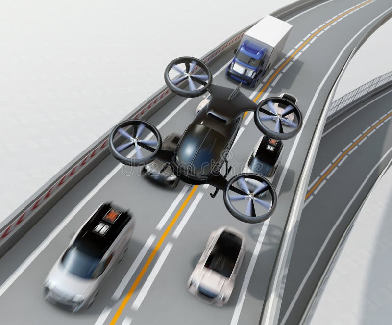 Vista delantera del abejón negro del pasajero que vuela sobre los coches en atasco pesado stock de ilustración