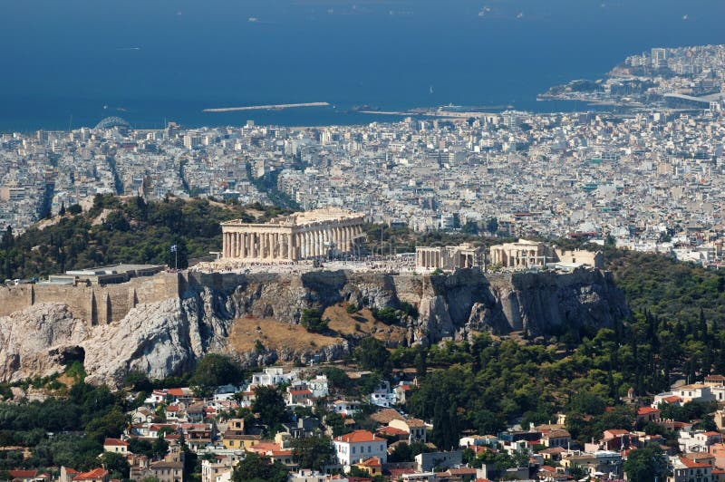 Vista dell'acropoli dalla collina di Lykavittos, Atene fotografie stock libere da diritti