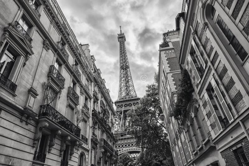 Vista della torre Eiffel a colore in bianco e nero di Parigi, Francia immagini stock Vista della torre Eiffel a colore in bianco e nero di Parigi, Francia immagini stock