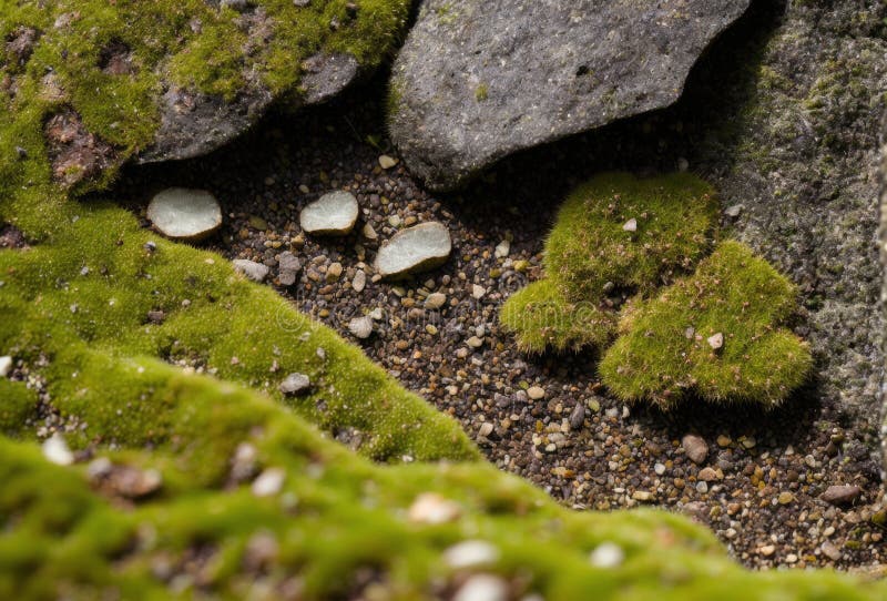Vista di chiusura di un microhabitat situato sotto una roccia di prato che presenta i piccoli funghi muschiosi e gli insetti nasco fotografia stock
