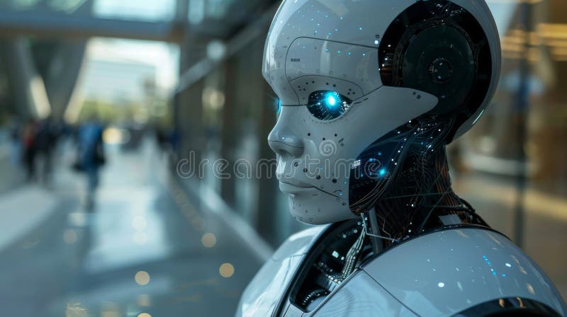 Primo piano di un robot umanoide avanzato, che mostra tecnologia all'avanguardia e intelligenza artificiale in un ambiente moderno illustrazione di stock