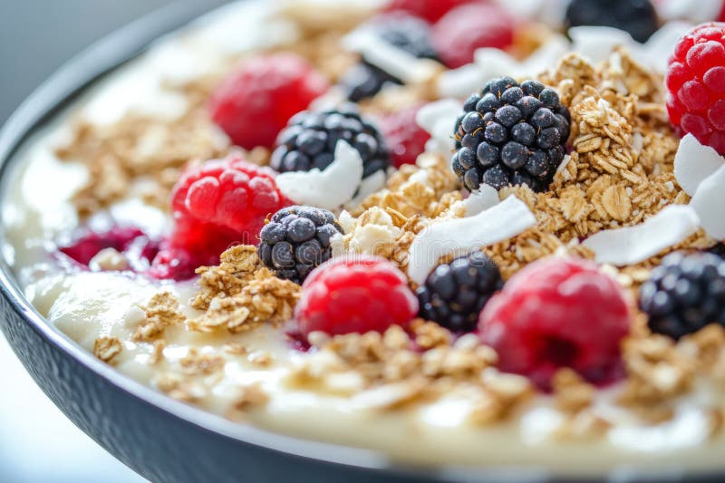 Vista di chiusura di una ciotola nutriente di frullato contenente un assortimento colorato di bacche di granola croccante e di coc immagini stock libere da diritti
