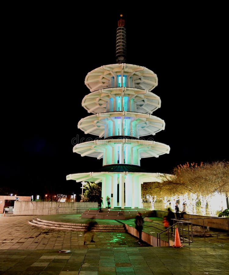 Night view of Peace Pagoda, Japantown, San Francisco, California, USA, with color-changing LED lights adding spice to nighttime view. Night view of Peace Pagoda, Japantown, San Francisco, California, USA, with color-changing LED lights adding spice to nighttime view.