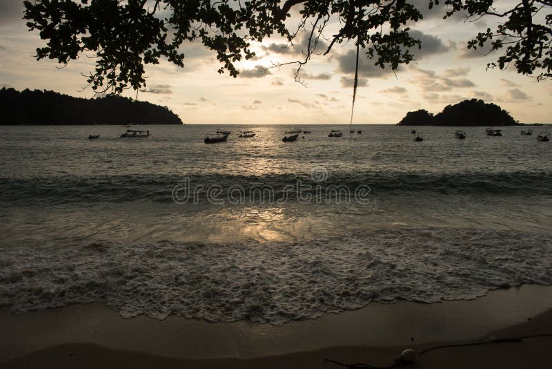 Vista di panorama del tramonto e siluetta degli alberi e delle barche sulla spiaggia immagine stock Vista di panorama del tramonto e siluetta degli alberi e delle barche sulla spiaggia immagine stock