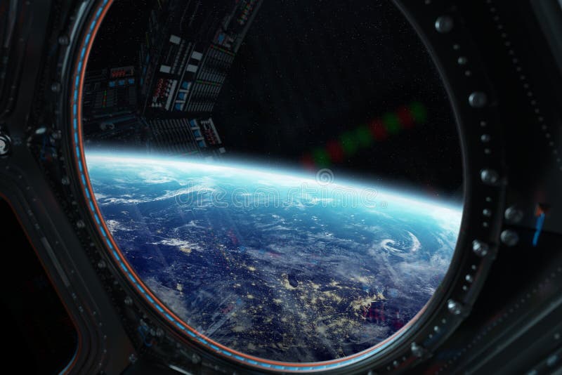 Vista di pianeta Terra da una finestra 3D della stazione spaziale che rende EL royalty illustrazione gratis Vista di pianeta Terra da una finestra 3D della stazione spaziale che rende EL royalty illustrazione gratis