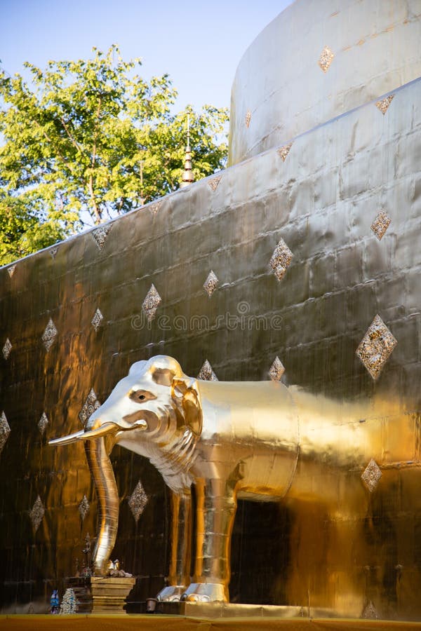 Vista di una pagoda dorata con una scultura dell'elefante a Bangkok con le foglie verdi come fondo immagine stock Vista di una pagoda dorata con una scultura dell'elefante a Bangkok con le foglie verdi come fondo immagine stock