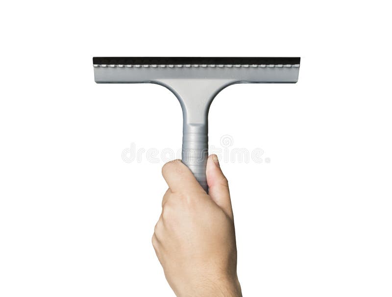 Vista dianteira do limpador masculino da terra arrendada da mão verticalmente no fundo branco Rodo de borracha cinzento na mão do imagens de stock royalty free Vista dianteira do limpador masculino da terra arrendada da mão verticalmente no fundo branco Rodo de borracha cinzento na mão do imagens de stock royalty free