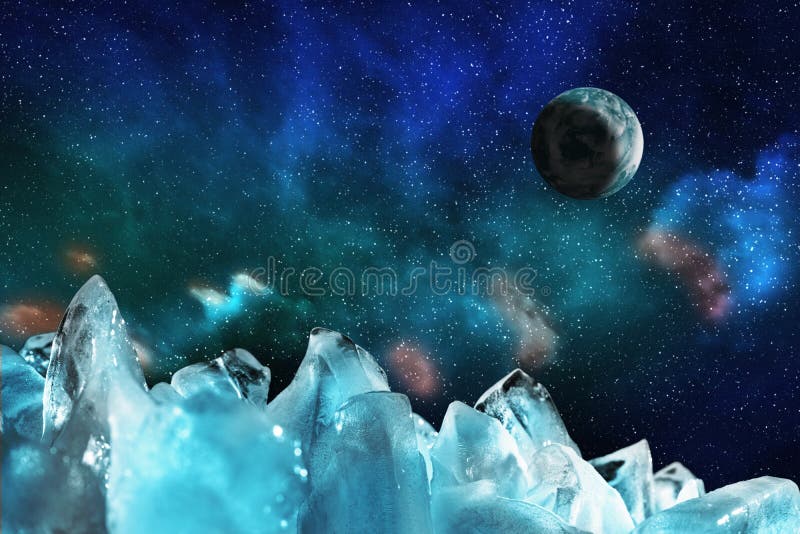 Vista do céu estrelado da noite com aurora boreal e um planeta através dos picos gelados, ilustração da estrela azul ilustração royalty free Vista do céu estrelado da noite com aurora boreal e um planeta através dos picos gelados, ilustração da estrela azul ilustração royalty free