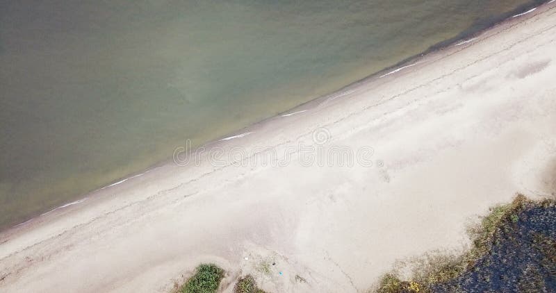 Vista do drone na praia arenosa e na costa do Golfo da Finlândia, no horizonte os distritos de São Petersburgo