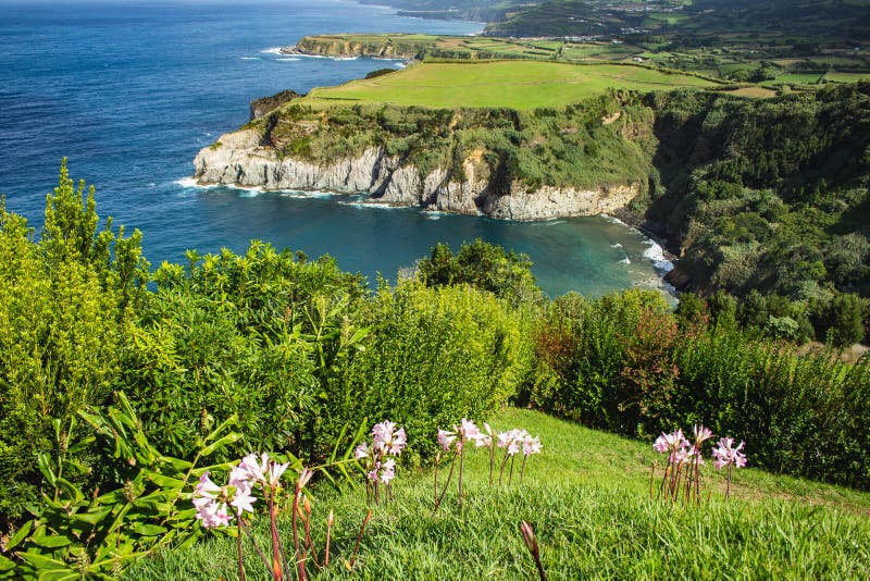 Vista do litoral do ponto de vista de Santa Iria sobre a ilha de São Miguel, Açores, Portugal imagens de stock Vista do litoral do ponto de vista de Santa Iria sobre a ilha de São Miguel, Açores, Portugal imagens de stock