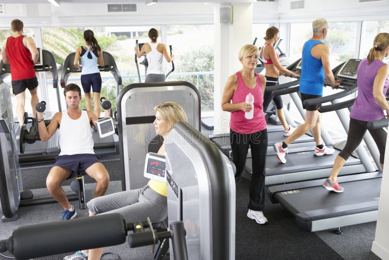 Vista elevado do Gym ocupado com os povos que exercitam em máquinas imagens de stock Vista elevado do Gym ocupado com os povos que exercitam em máquinas imagens de stock