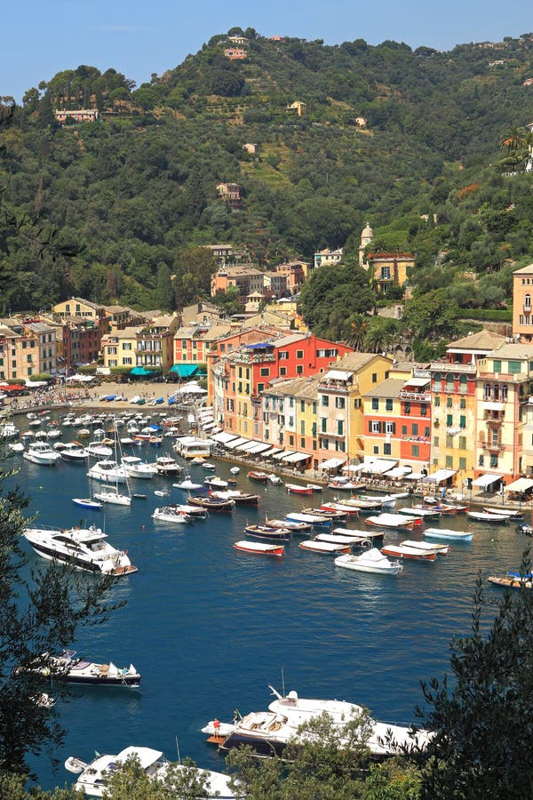 Vertical oriented image of famous town of Portofino with small bay full of yachts and boats on Ligurian sea, northern Italy. Vertical oriented image of famous town of Portofino with small bay full of yachts and boats on Ligurian sea, northern Italy.