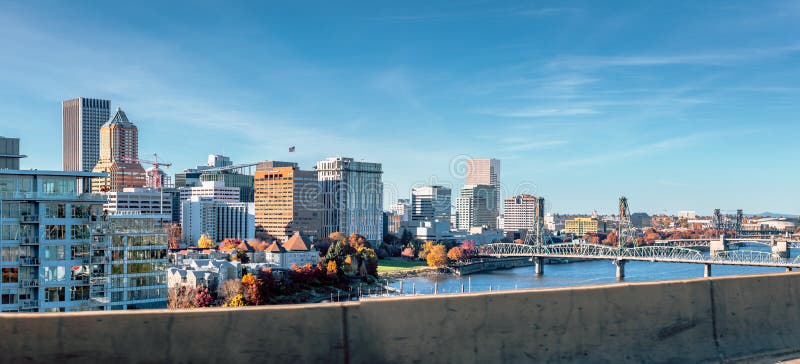 Portland, Oregon - Oct 28, 2019 : Portland downtown skyline view from highway in Oregon state. Portland, Oregon - Oct 28, 2019 : Portland downtown skyline view from highway in Oregon state