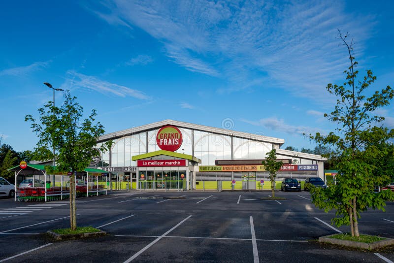 Goussainville, France - May 3, 2024: Exterior view of a Grand Frais store. Grand Frais is a French supermarket chain specializing in fresh products and groceries. Goussainville, France - May 3, 2024: Exterior view of a Grand Frais store. Grand Frais is a French supermarket chain specializing in fresh products and groceries