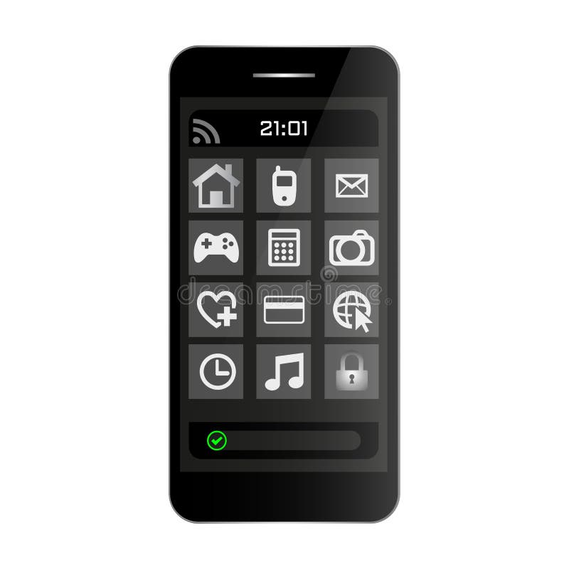 Vista frontale del telefono cellulare nero dello smartphone con il menu sullo schermo e sull'orologio Colore del nero di Smartpho royalty illustrazione gratis Vista frontale del telefono cellulare nero dello smartphone con il menu sullo schermo e sull'orologio Colore del nero di Smartpho royalty illustrazione gratis