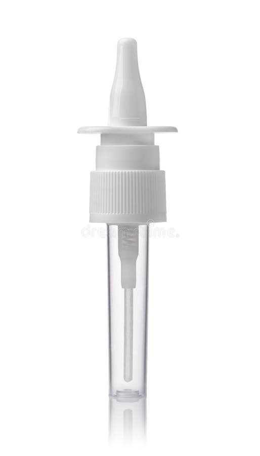 Front view of clear plastic nasal spray bottle isolated on white. Front view of clear plastic nasal spray bottle isolated on white