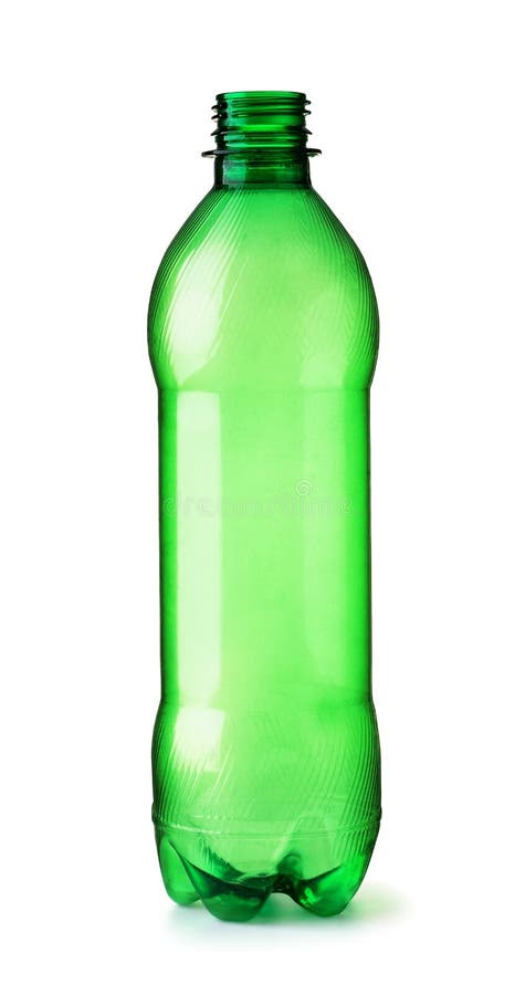 Vista frontale della bottiglia verde di plastica vuota