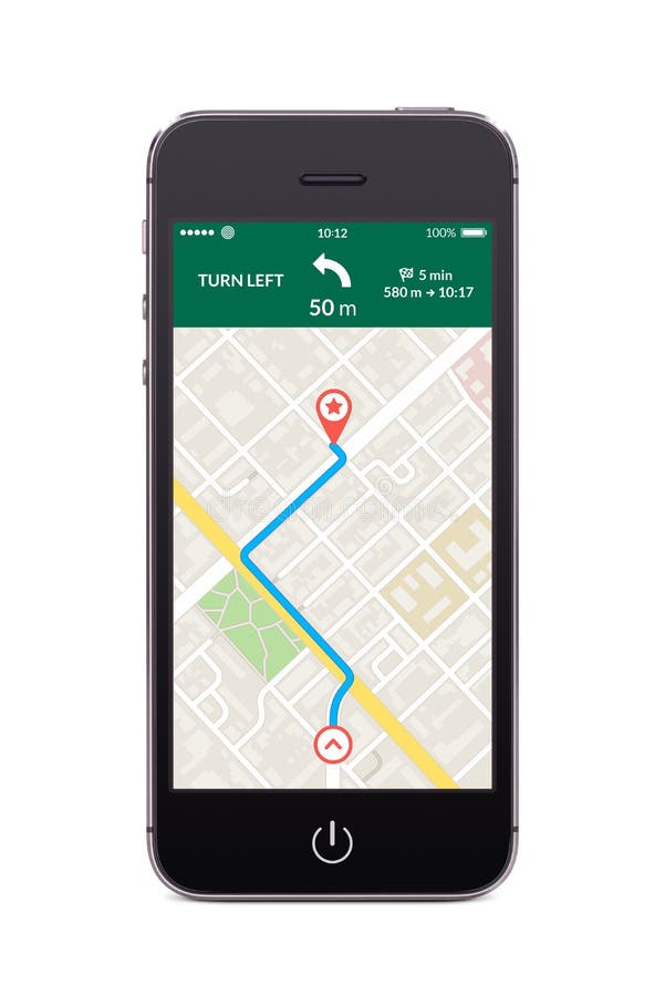 Vista frontale dello Smart Phone nero con navigazione app dei gps della mappa sulla t
