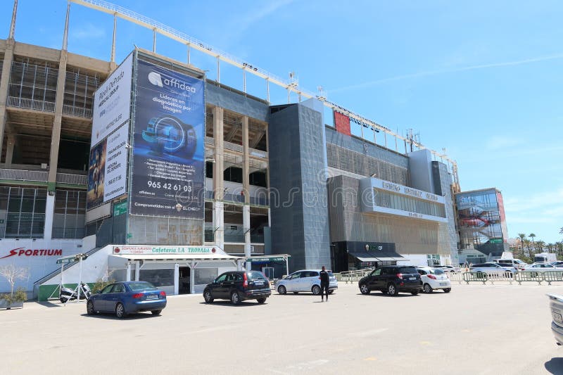 Elche, Alicante, Spain, May 3, 2024: General view of the parking lot and west side facade of the Martinez Valero stadium of Elche football club. Elche, Alicante, Spain. Elche, Alicante, Spain, May 3, 2024: General view of the parking lot and west side facade of the Martinez Valero stadium of Elche football club. Elche, Alicante, Spain