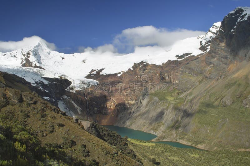 Vista imponente del lago Tullpacocha con los glaciares del soporte Tullparahu en Blanca de Cordillera, Perú fotografía de archivo libre de regalías Vista imponente del lago Tullpacocha con los glaciares del soporte Tullparahu en Blanca de Cordillera, Perú fotografía de archivo libre de regalías