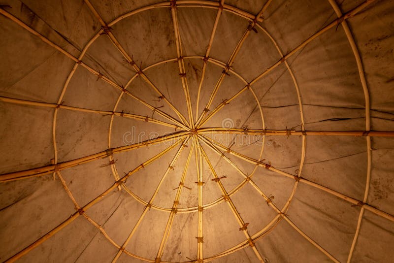 Interior view of an Indian sweat lodge. Star-shaped willow sticks covered with fabric tarpaulin. Interior view of an Indian sweat lodge. Star-shaped willow sticks covered with fabric tarpaulin