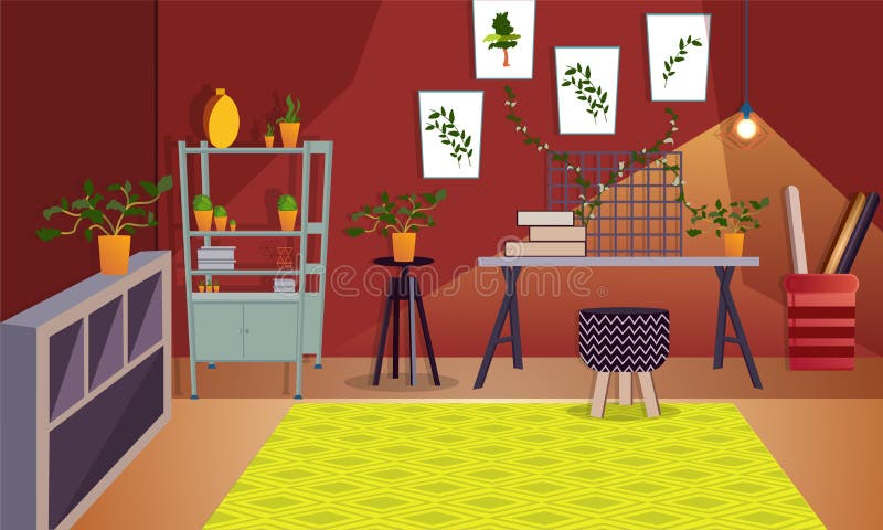 Vista interna artistica della stanza o dell'ufficio decorata con la p botanica royalty illustrazione gratis