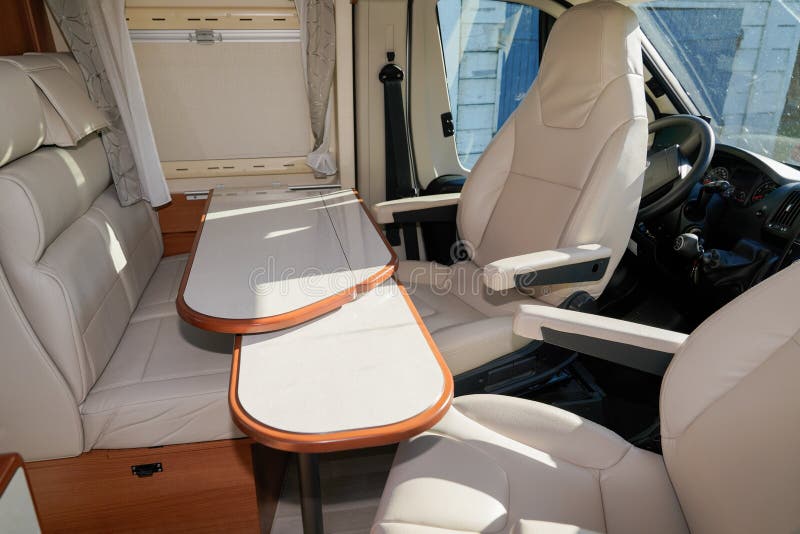 A Recreational Vehicle interior view of motorhome modern camper rv van. A Recreational Vehicle interior view of motorhome modern camper rv van