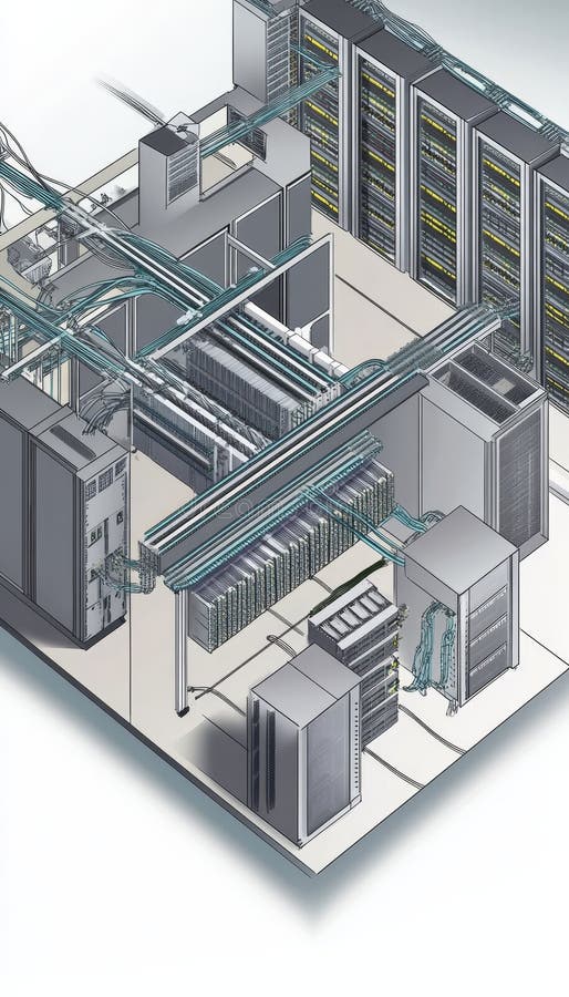 Vista interna dettagliata di un centro dati che mostra i cablaggi delle apparecchiature tecnologiche e la progettazione del flusso illustrazione vettoriale