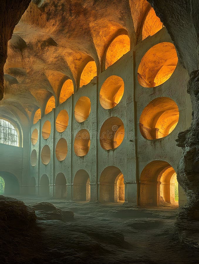 Vista interna di una struttura in pietra con archi e aperture circolari illuminate da sorgenti luminose calde illustrazione di stock