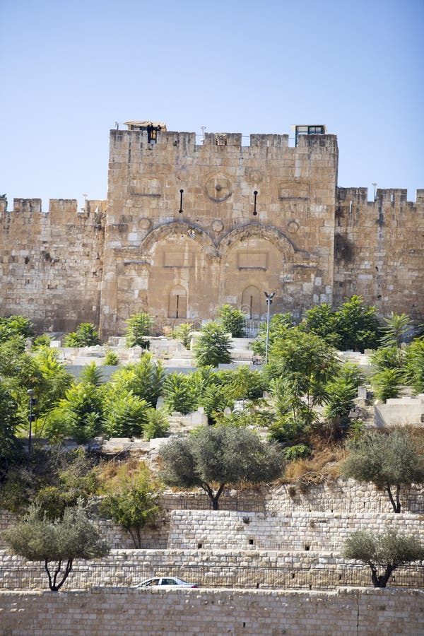 Unusual view of the Golden Gate in Jerusalem against the cloudless blue sky. Unusual view of the Golden Gate in Jerusalem against the cloudless blue sky