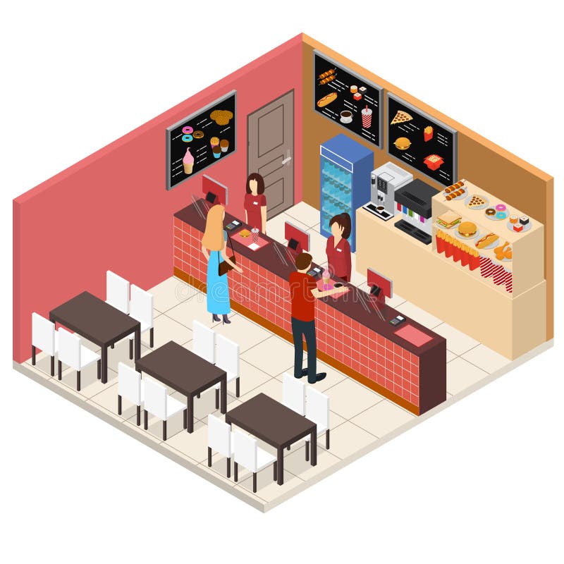 Vista isometrica del fast food interno Vettore royalty illustrazione gratis