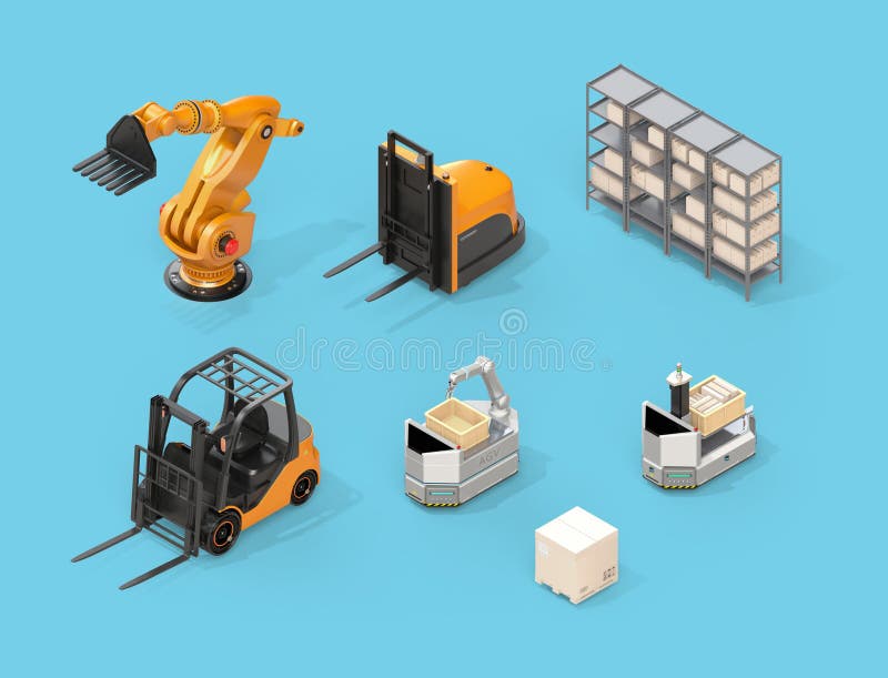 Vista isométrica de la carretilla elevadora eléctrica, carretilla elevadora autónoma, AGV, robot industrial en fondo azul ilustración del vector Vista isométrica de la carretilla elevadora eléctrica, carretilla elevadora autónoma, AGV, robot industrial en fondo azul ilustración del vector