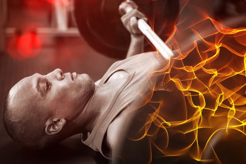 Vista lateral del atleta de sexo masculino resuelto que ejercita con el barbell foto de archivo libre de regalías Vista lateral del atleta de sexo masculino resuelto que ejercita con el barbell foto de archivo libre de regalías