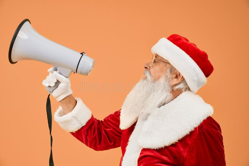Vista lateral del Papá Noel hablando con megáfono foto de archivo libre de regalías Vista lateral del Papá Noel hablando con megáfono foto de archivo libre de regalías