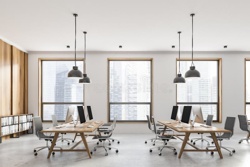 Vista laterale dell'ufficio bianco e di legno dello spazio aperto fotografia stock libera da diritti